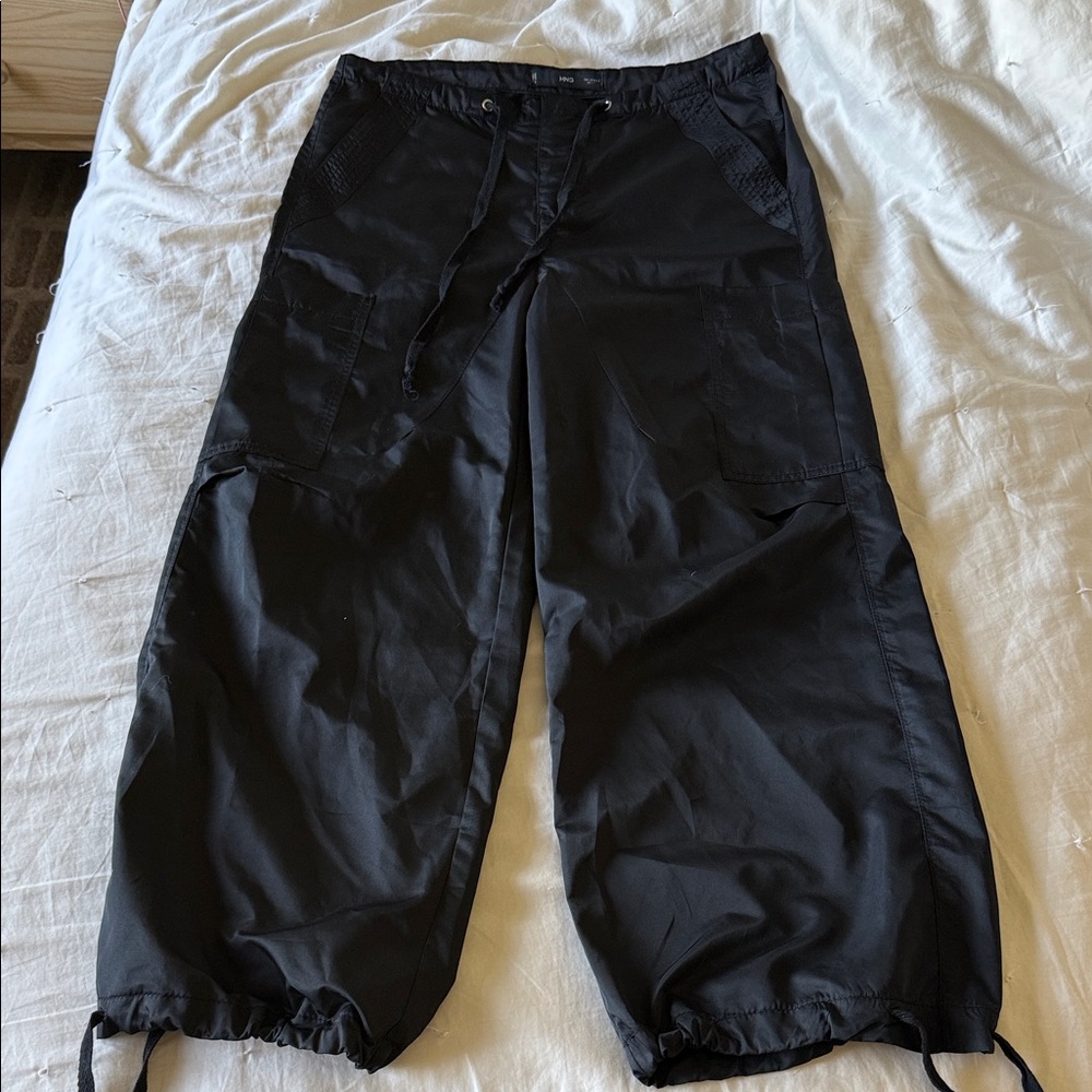 Mango Black Wide-Leg Cargo Drawstring Hem Pants